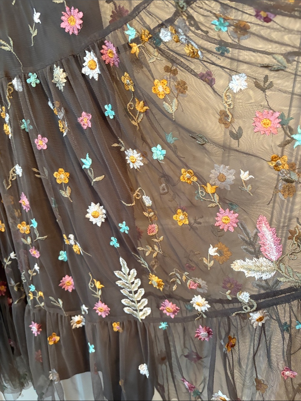 Sundance Brown Maxi Dress with Multicolor Floral Embroidery overlay. - Picture 3 of 5